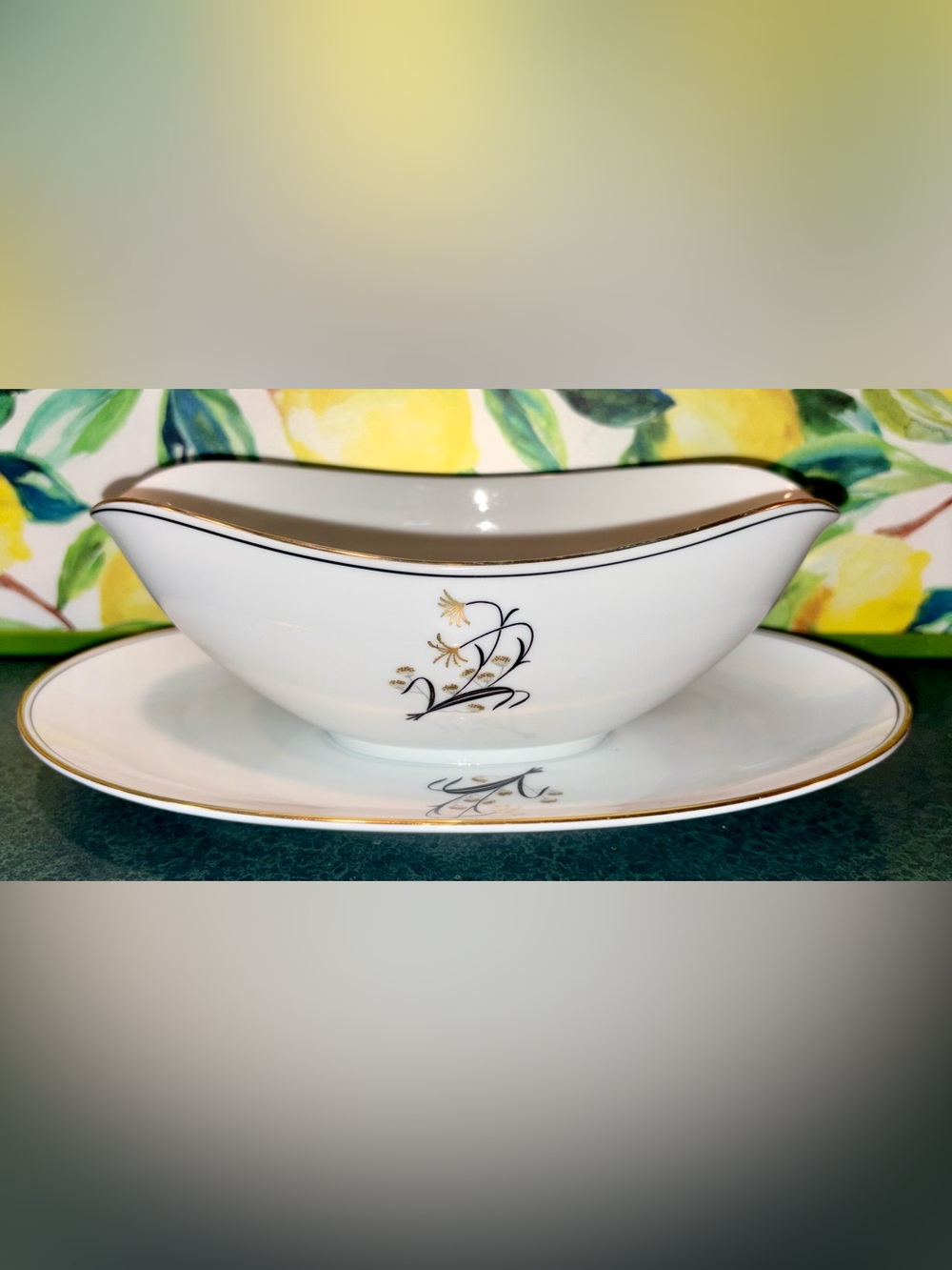 Noritake Diana Gold Trim Gravy Boat with Attached Underplate
